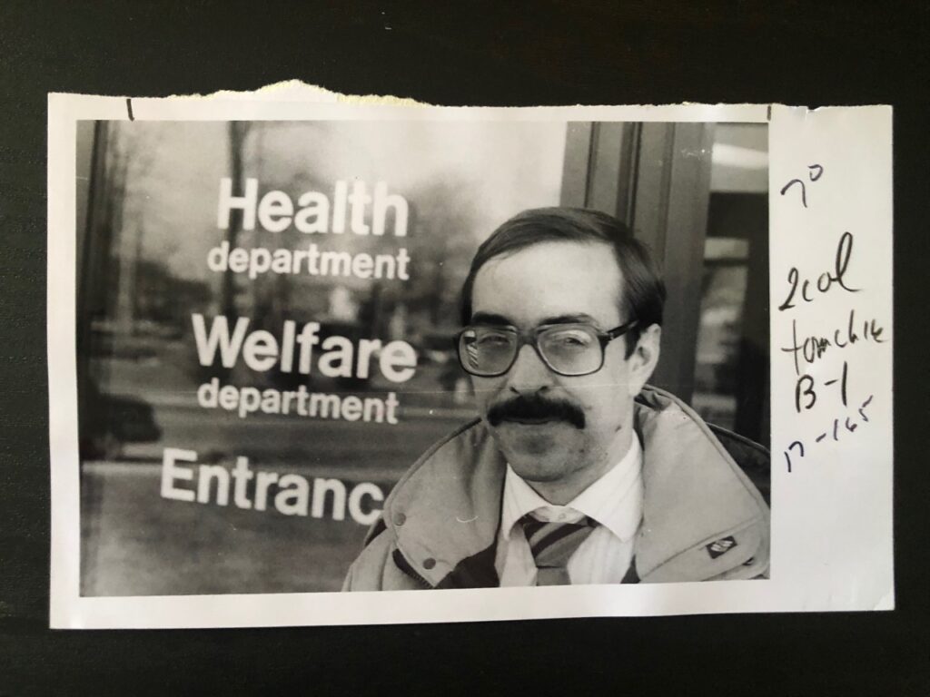 Dr. Robert S. Tomchik, outside the Elkhart County Administration Building in February 1989.