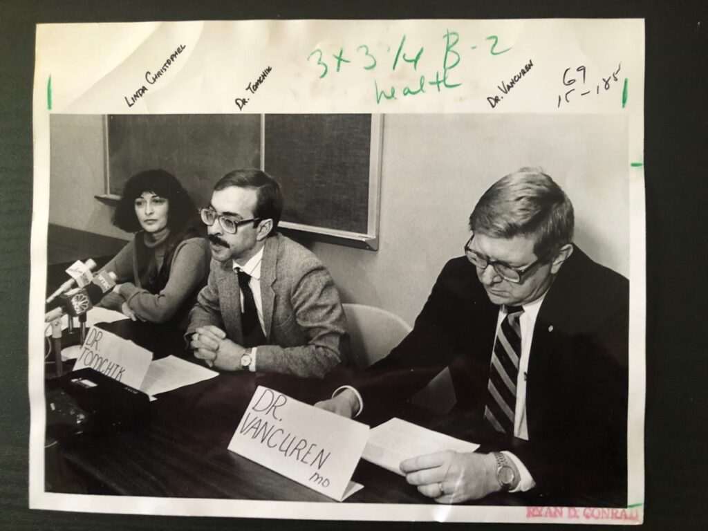 Appearing at an undated Elkhart County Health Department news conference are (from left) Linda Christophel of the Maternal-Child Health division, Dr. Robert Tomchik, and Dr. James VanCuren. Christophel later became one of the 70 or so employees who resigned during Tomchik's controversial tenure.