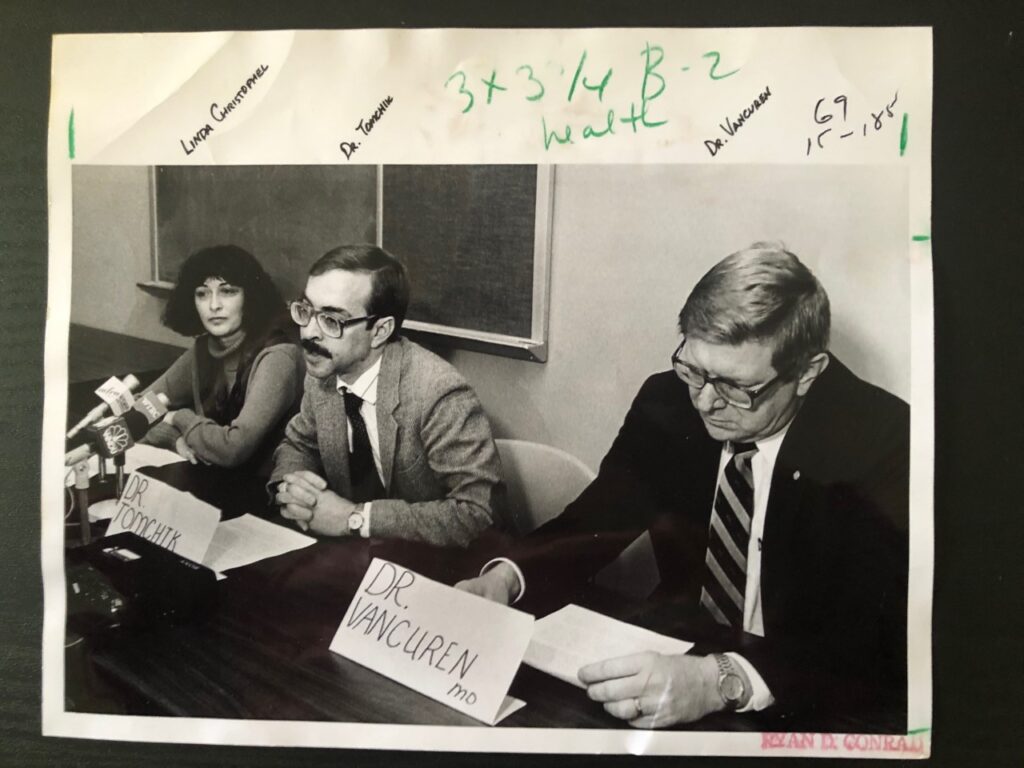 Appearing at an undated Elkhart County Health Department news conference are (from left) Linda Christophel of the Maternal-Child Health division, Dr. Robert Tomchik, and Dr. James VanCuren. Christophel later became one of the 70 or so employees who resigned during Tomchik's controversial tenure. 