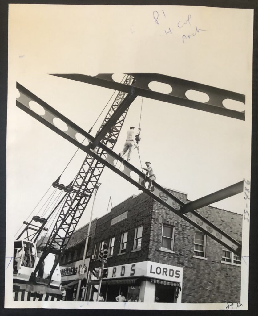 Workers from General Crane Services dismantle the Arch on Aug. 7, 1968. (Elkhart Truth photo)