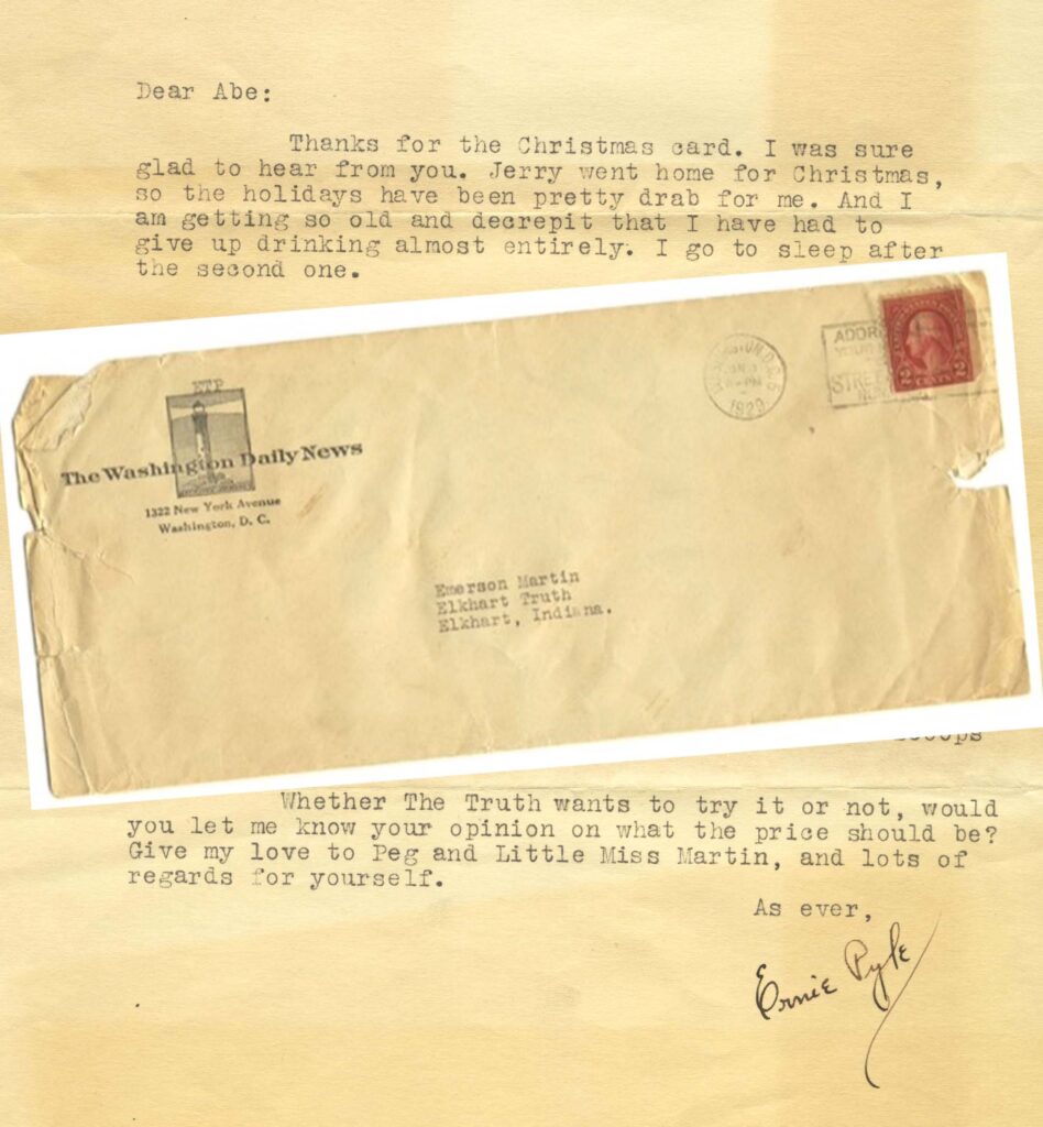 A 1929 letter from Ernie Pyle, sent to The Truth newsroom for Abe Martin.
