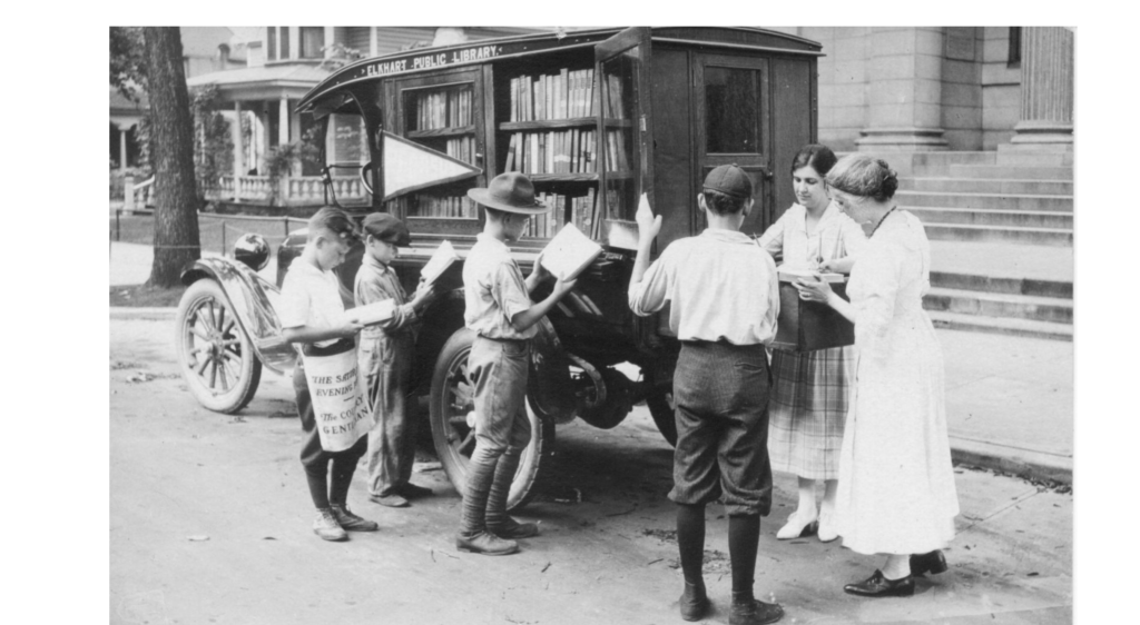 The original Elkhart Library bookmobile, donated by Helen Beardsley in the early 1920s.