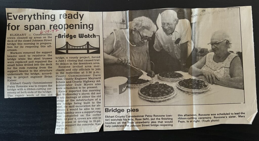 News clip of Patsy Ronzone and family preparing pies for the bridge "reopening" in June 1992.