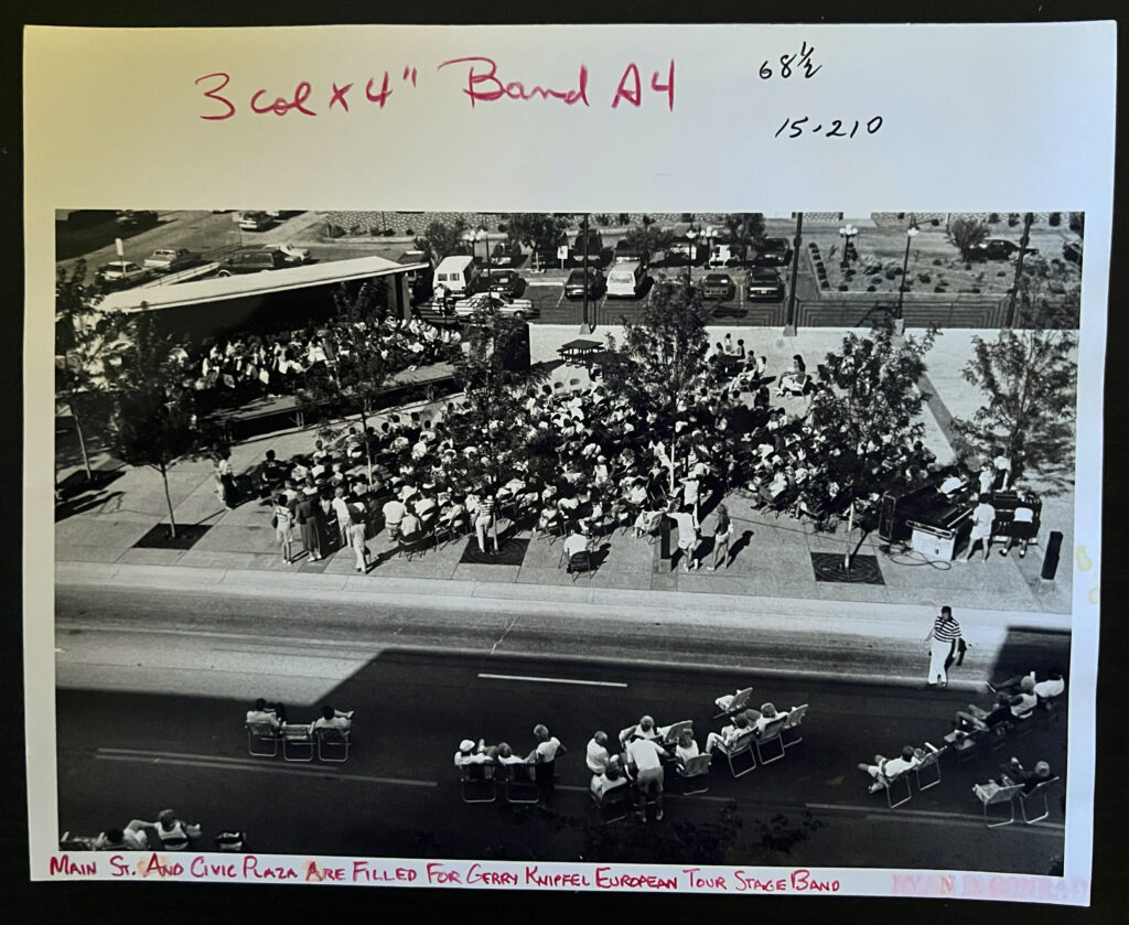 The view from the top of the First National Bank building looking over at Civic Plaza during the 1990 Elkhart Jazz Festival. The band playing for crowd of a couple hundred is the Gerry Knipfel European Tour Stage Band. (Elkhart Truth photo by Ryan D. Conrad)