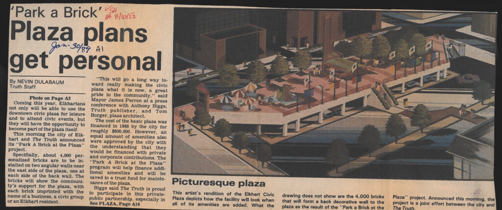The Elkhart Truth promoted the sale of commemorative bricks at the new Civic Plaza with news articles and advertisements. An artist's rendering displays the look of the proposed plaza.