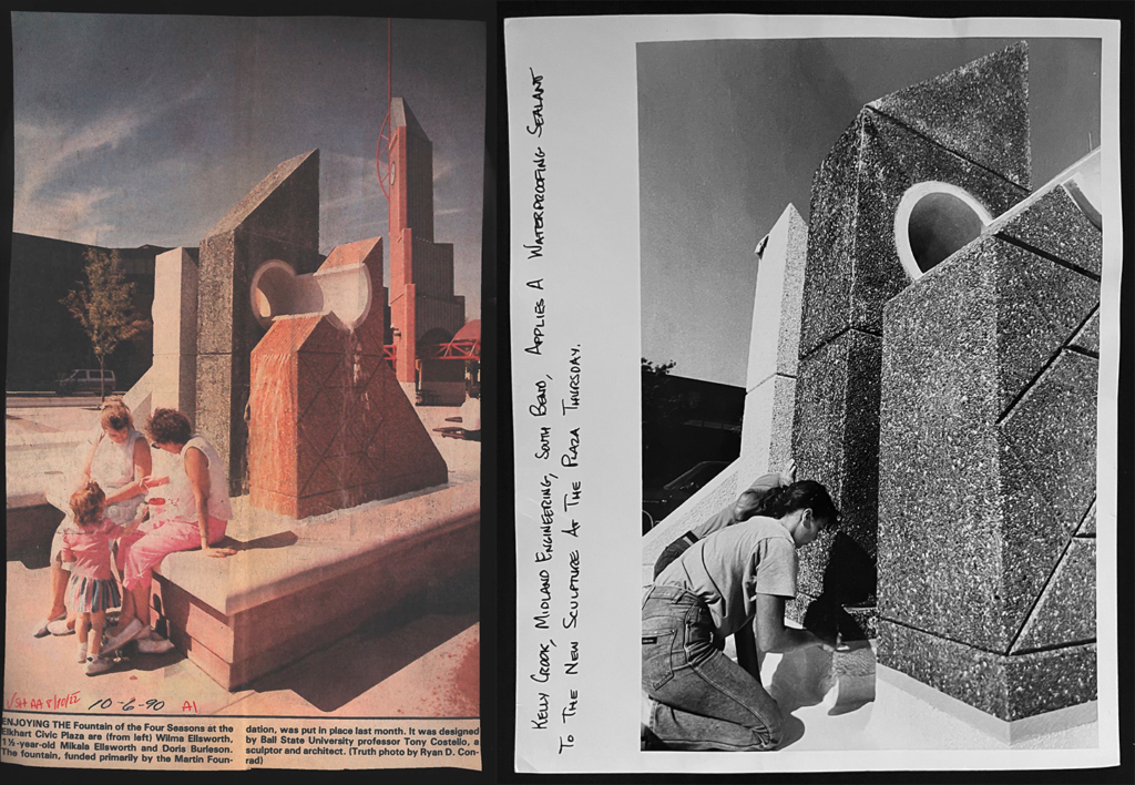 In these two photos by The Truth's Ryan D. Conrad, taken just one month apart, a family is shown enjoying the Fountain of the Four Seasons. At the right, a member of the Midland Engineering crew applies waterproofing sealant to help fix recurring issues.