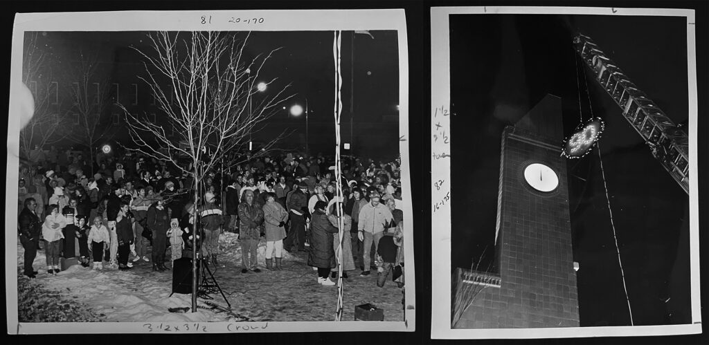 The two photos by Truth photographer Larry Tebo show the crowd huddled in the snow and cold on Civic Plaza (left) watching the fire department raise the heart to the top of the clock tower at New Year's 1990.