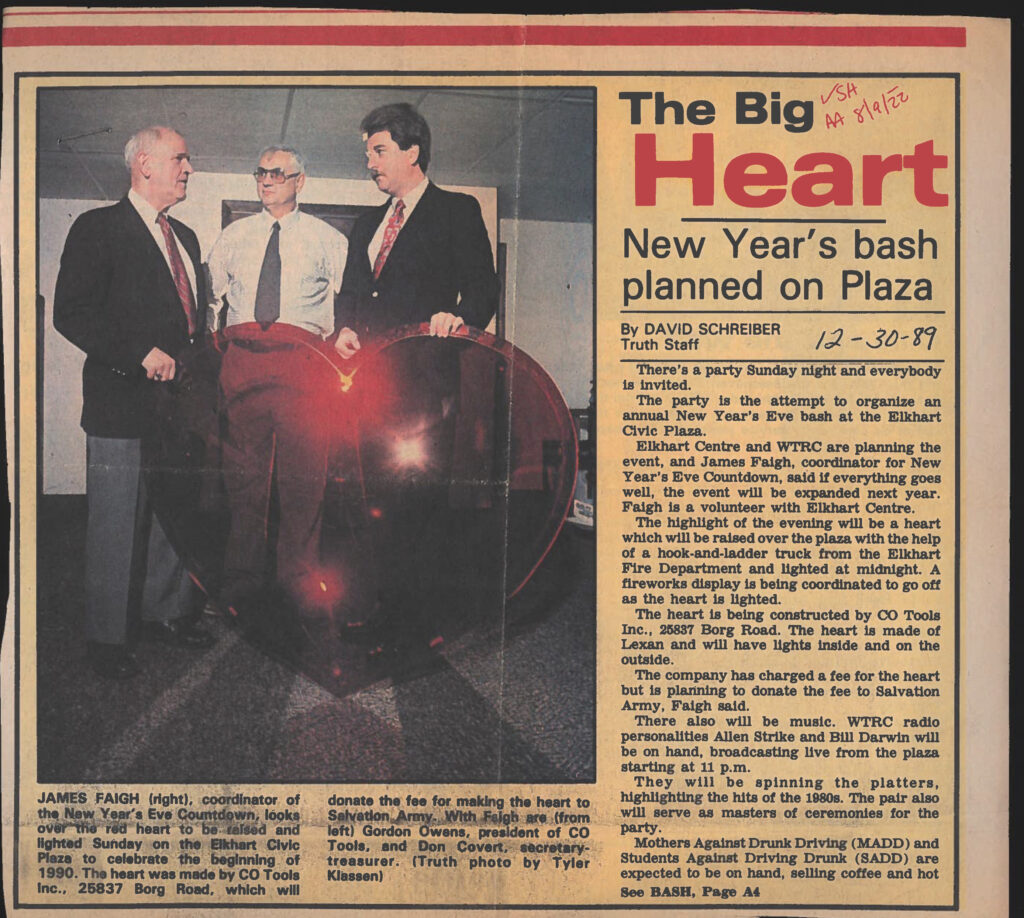 The Elkhart Truth article featuring Jim Faigh and his creation - a red polycarbonate lighted heart to be raised at the Civic Plaza clock tower on New Year's Eve.