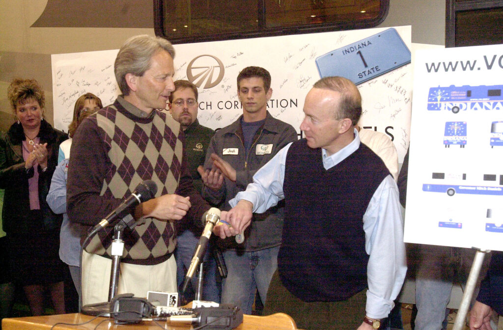 Gov. Mitch Daniels at Monaco Coach in 2005, taking possession of "RV One."
